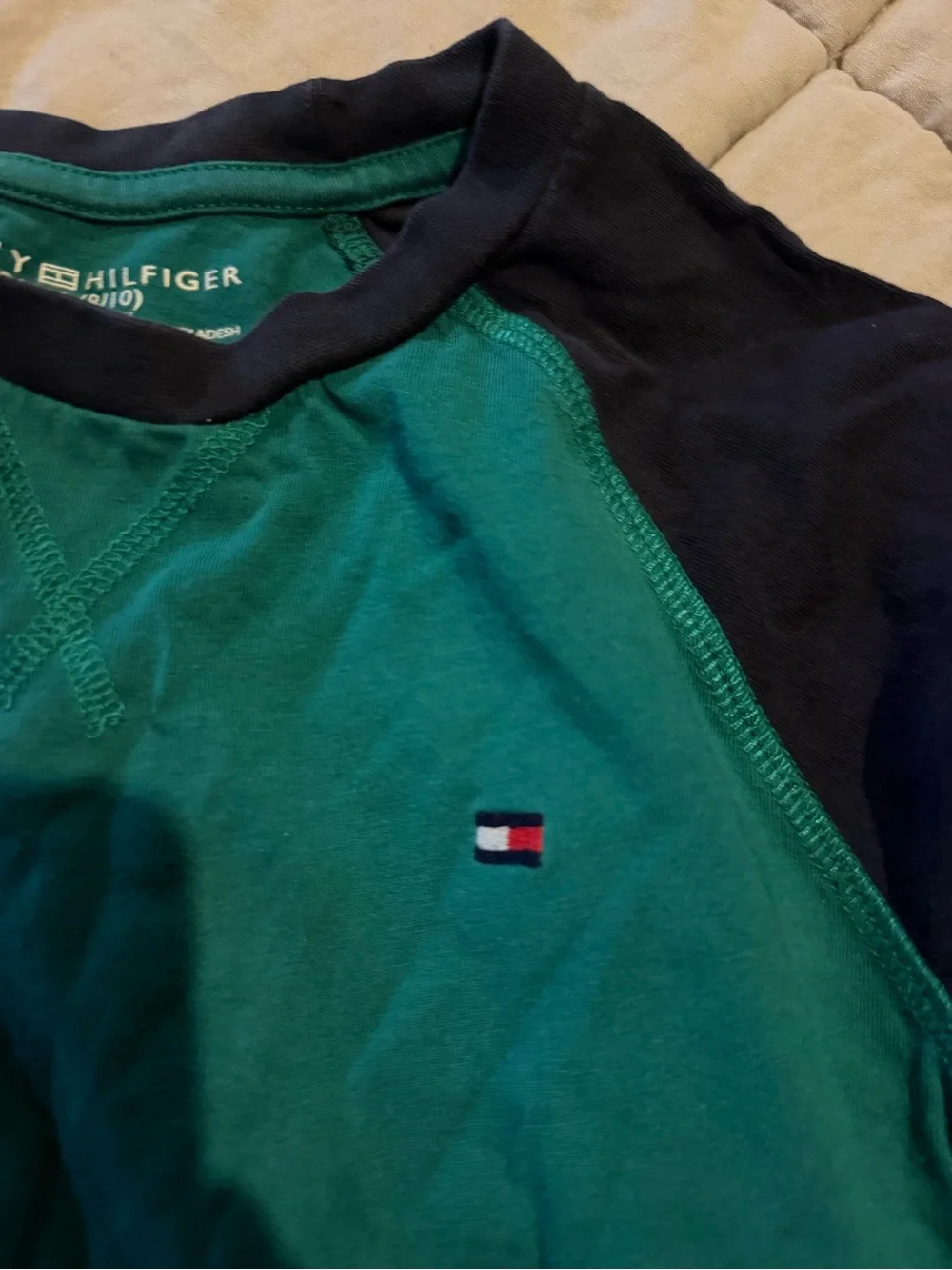 Tommy Hilfiger Green and Navy Long-Sleeve Raglan Tee